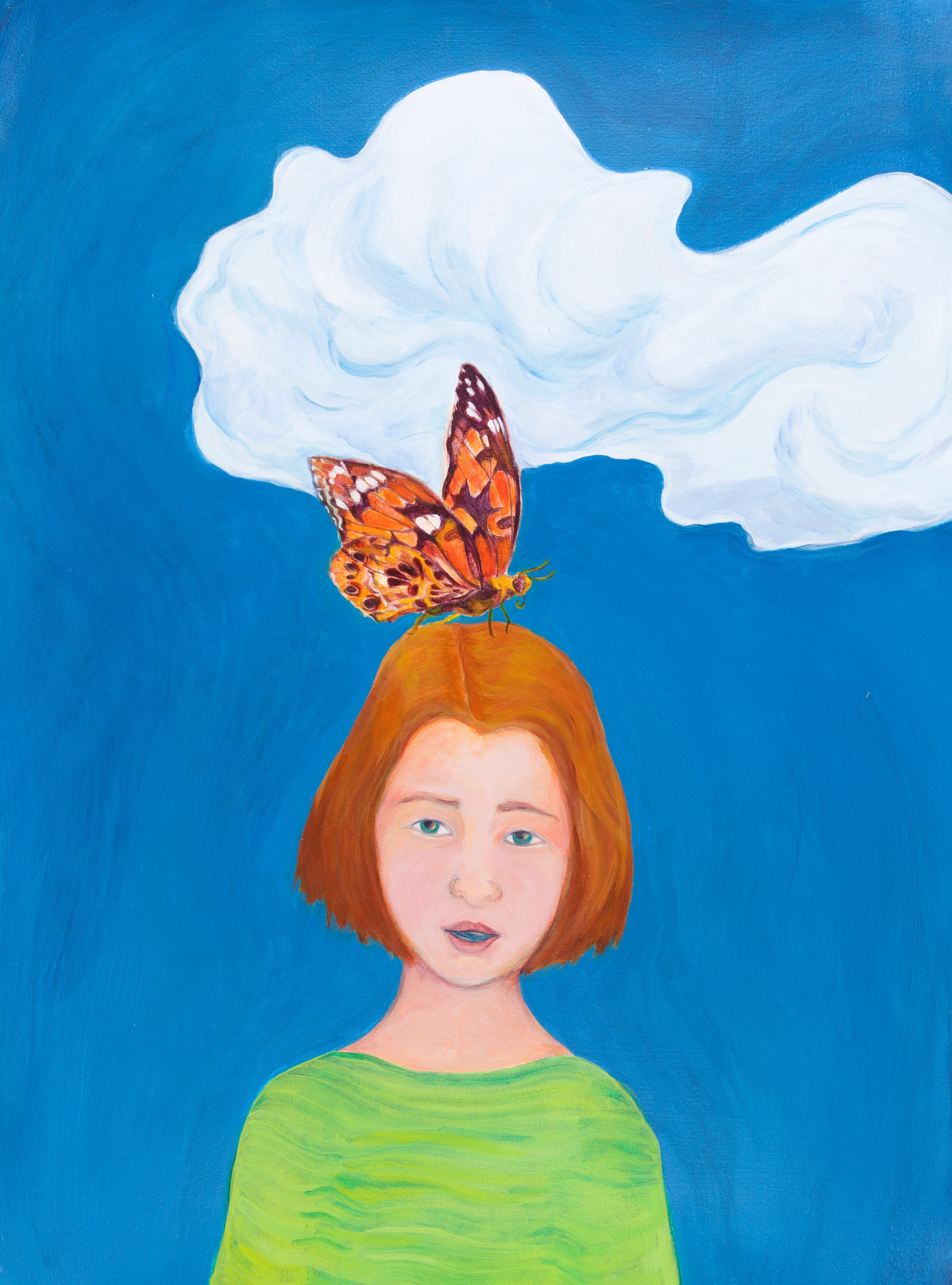 Original painting of a red-haired girl in a green shirt with a butterfly resting on her head, against a blue sky with a white cloud